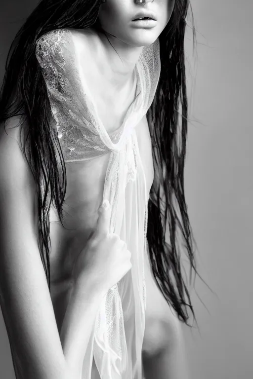 Image similar to emotionnal shot. fragile shy woman looking like Kendall Jenner with sheer dress with plunging neckline and lace sleeves. award-winning fashion photography. intimate and vulnerable lighting. 130mm bw fashion photography .