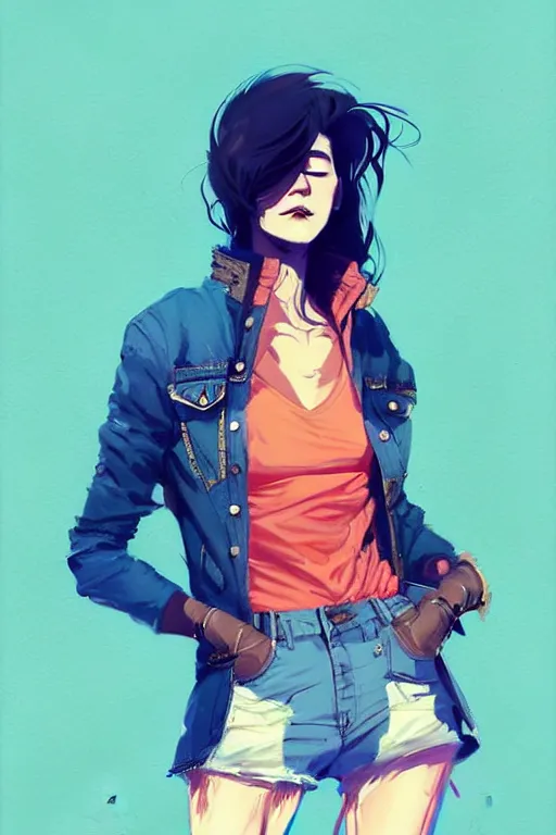 Image similar to a ultradetailed beautiful painting of a stylish woman in a denim jacket and shorts, by conrad roset, greg rutkowski and makoto shinkai trending on artstation