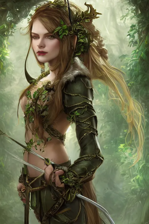 Image similar to a beautiful young woman, an elf ranger with bow and arrow, long flowing hair with hood, mostly green and brown leather pirate armor, young female face, vine like plants and jungle background, cinematic top lighting, insanely detailed and intricate, face by wlop, Charlie Bowater, golden ratio, symmetric, elegant, ornate, luxury, elite, matte painting, MTG, magic the gatheing, cinematic, cgsociety, 8k, high resolution