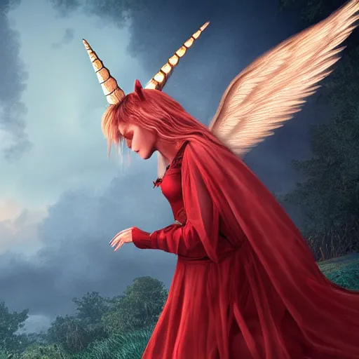 Prompt: woman - unicorn hybrid red angelic wings, calm, melancholy scenery, full body armor, sparky metallic, unreal engine 5, cinematic lights, high detail, fantasy classic digital art, botticelli style