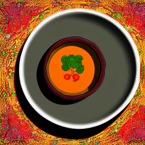 Prompt: a bowl of soup that has a portal to another world in it, digital art