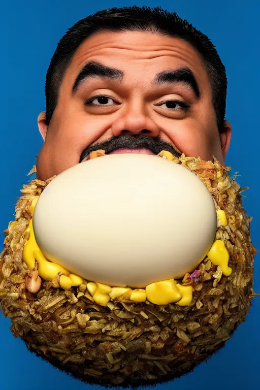 Prompt: 📷 gabriel fluffy iglesias the egg 🥚, made of food, head portrait, dynamic lighting, 4 k