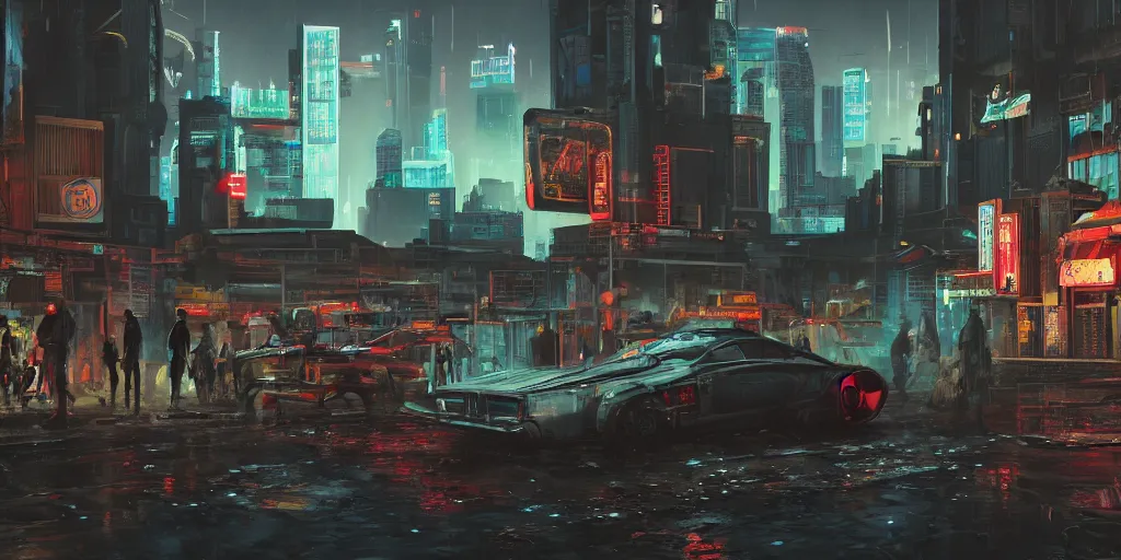 Prompt: a cyberpunk bank heist, background scene from the old city of babylon, concept art, ultra realistic, 8 k, painting, highly detailed, sci - ci, neon, rain, guns, firearms, robbery, a police car burning