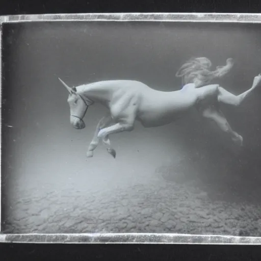 Image similar to tintype photo, swimming deep underwater, unicorn