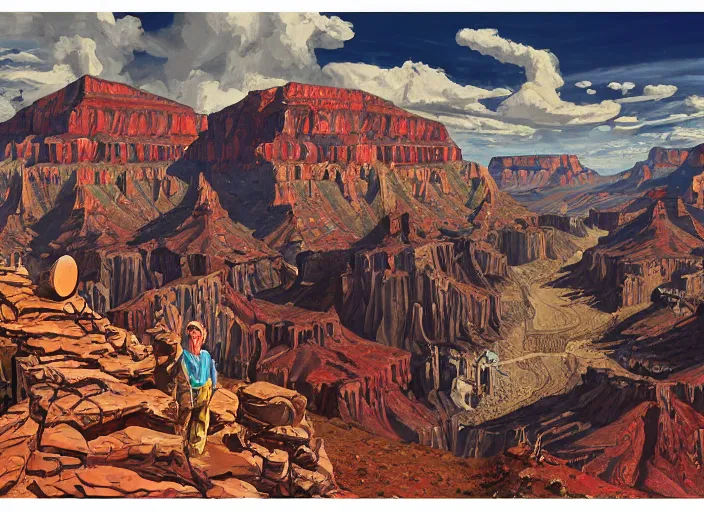 Prompt: realistic physically based rendering of a giant mechanical robot steve buscemi at the grand canyon by jack kirby!!! and simon bisley, epic, awesome trendy color palette, cinematic, claymation, by wes anderson and joop geesink, diorama