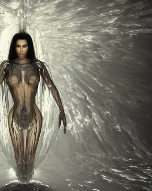 Image similar to epic full - shot still of kim kardashian unconscious in a transparent alien liquid, wet flowing hair, gooey skin, illustration, unreal engine 5, 8 k, made by h. r. giger.