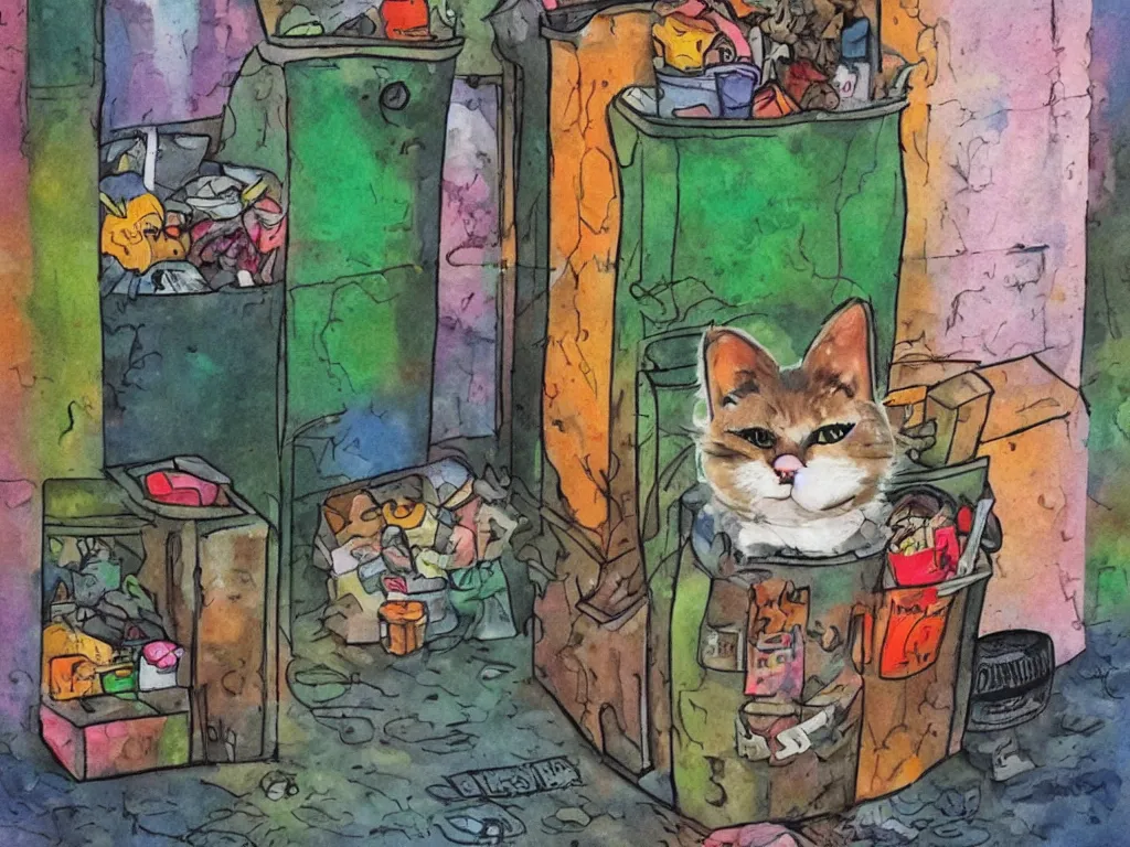 Image similar to a little alley cat living inside trash at night in downtown, in the style of kahlo and matisse