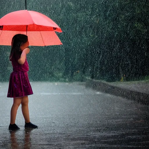 Image similar to heavy rain and a girl with an umbrella searching the sun