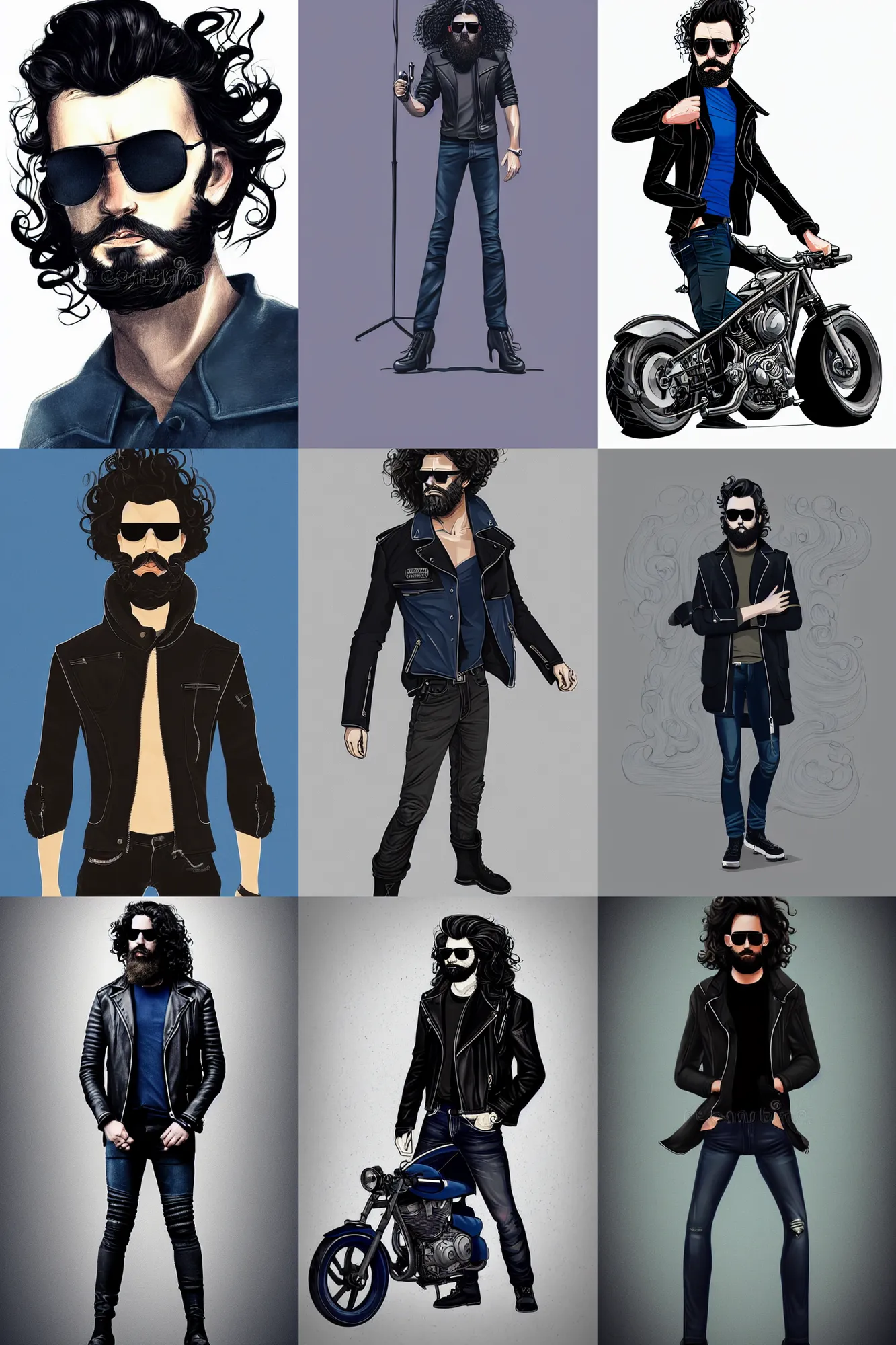 Prompt: Picture of a male biker, tough, jet black tuffe coat, aviator shades, dark blue jeans, long curly hair, unkempt beard, serious look, armfold pose!, smooth, sharp focus, digital illustration, artstation