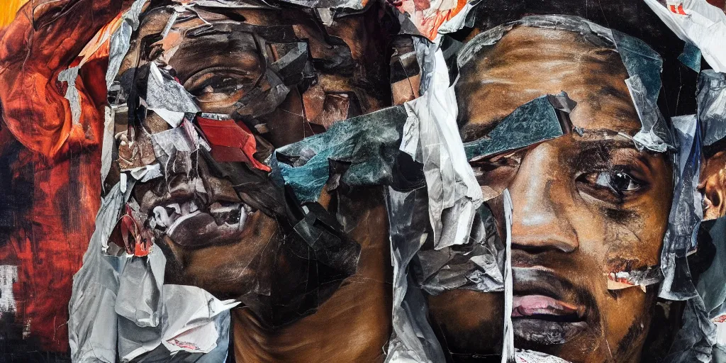 Image similar to rendered in blender travis scott with a trash bag on his head, collage paper and tape, acrylic on canvas, hyperrealism mixed with expressionism, high resolution, cinematic, unreal 6, breathtaking detailed, by blake neubert