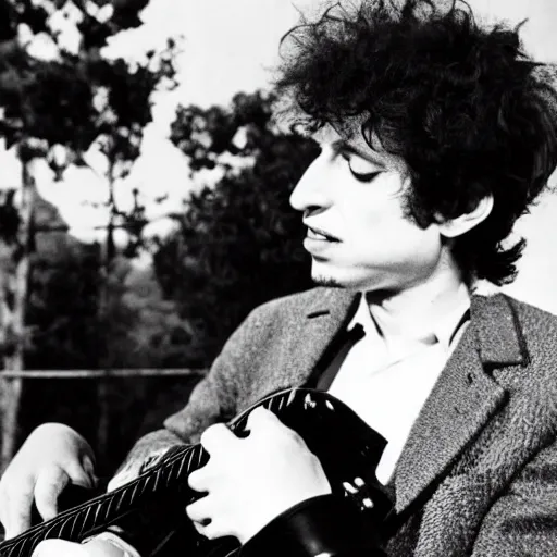 Image similar to bob dylan cradling belial from basket case like a baby, photograph, 1 9 6 5