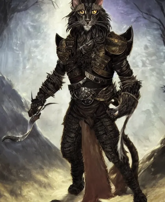 Prompt: humanoid male khajiit rogue, wearing leather armor, mainecoon cat features with black fur, far - mid shot, magic the gathering, fantasy