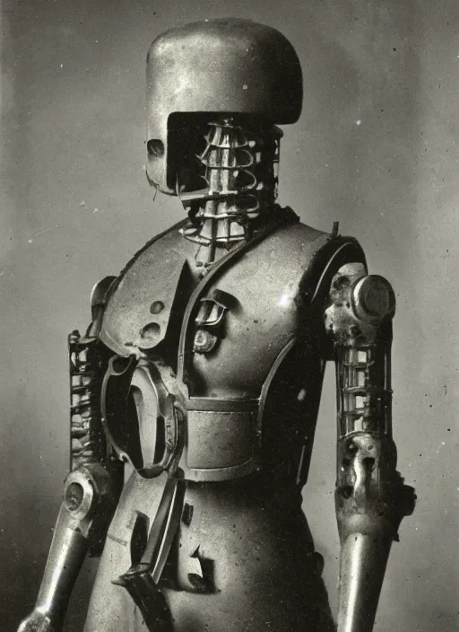 Image similar to 1 8 8 5 frontal photo of a steampowered riveted glados, daguerrotype, high quality