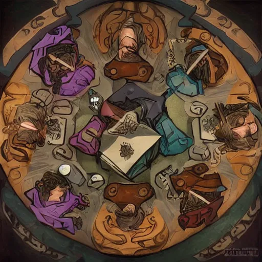 Image similar to a game of dungeons and dragons featuring 5 middle aged men 2 of whom have long hair