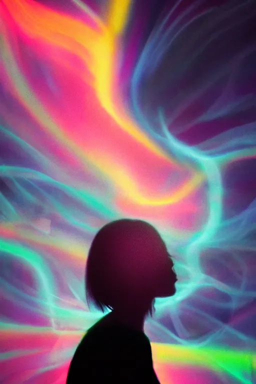 Image similar to human silhouette, large diffused colorful glowing aura, long exposure, film grain, cinematic lighting, maximum detail, art by janice sung