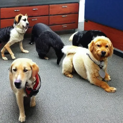 Prompt: a group of dogs work like people in the office