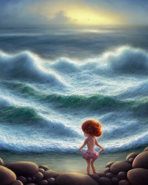 Image similar to sea with big waves crashing to shore and rocks, sunset, hyper realistic, artstation, illustration, nicoletta ceccoli, mark ryden, lostfish, dan decarlo, bob clampett, max fleischer, digital paint, matte paint, vivid colors, detailed and intricate environment