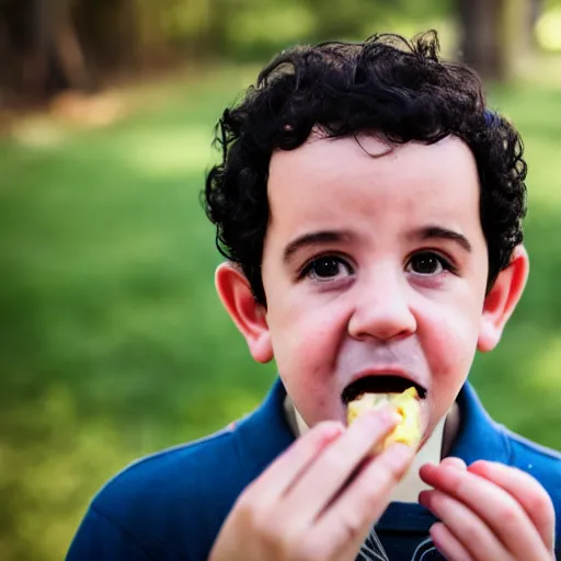Prompt: fred savage eating a pickle, ( sony a 7 r iv, symmetric balance, polarizing filter, photolab, lightroom, 4 k, dolby vision, photography awardm, voque, perfect face )