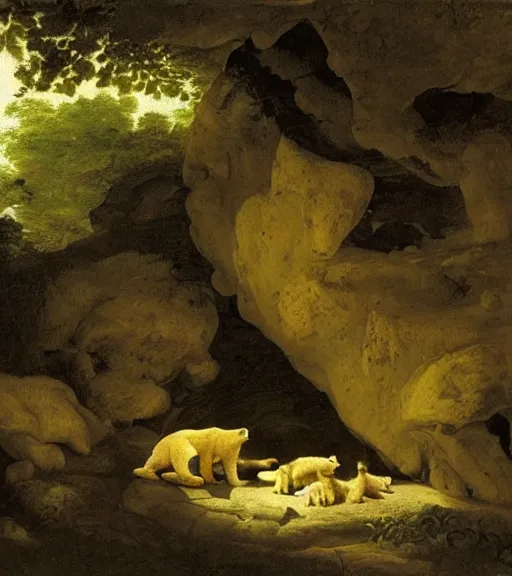 Prompt: looking to a cave with a mother bear and her cubs sleeping in a dark cave, night time, artwork by Pieter Claesz