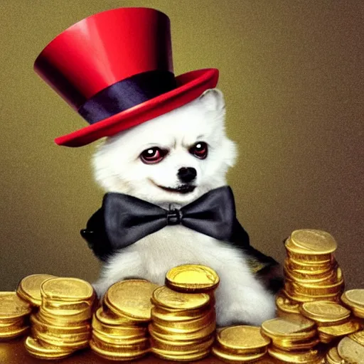 Image similar to A pomeranian wearing a top-hat and a monocle over its left eye, sitting on a pile of gold coins