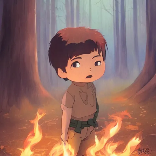 Prompt: a child with grey skin with blues and short brown hair, holding fire, forest background, highly detailed, digital painting, artstation, matte, by makoto shinkai, studio ghibli, animation style