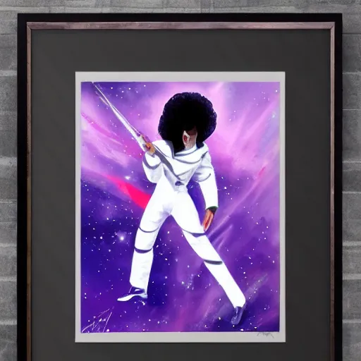 Prompt: a painting of prince in space in the style of pablo bell. trending on artstation.