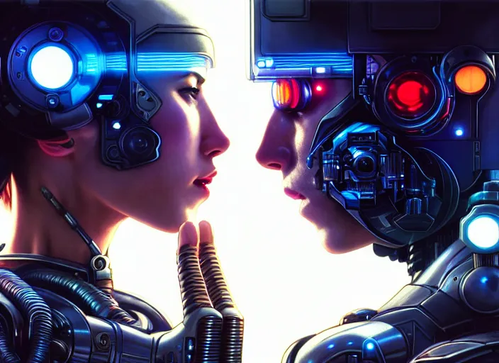 Image similar to ultra realistic medium shot of a couple of cyborgs kissing, lovers, cyberpunk, sci - fi, fantasy, kodak, colour led, soft light, volumetric lighting, night, intricate, highly detailed, digital painting, concept art, smooth, sharp focus, illustration, art by artgerm and greg rutkowski and alphonse mucha