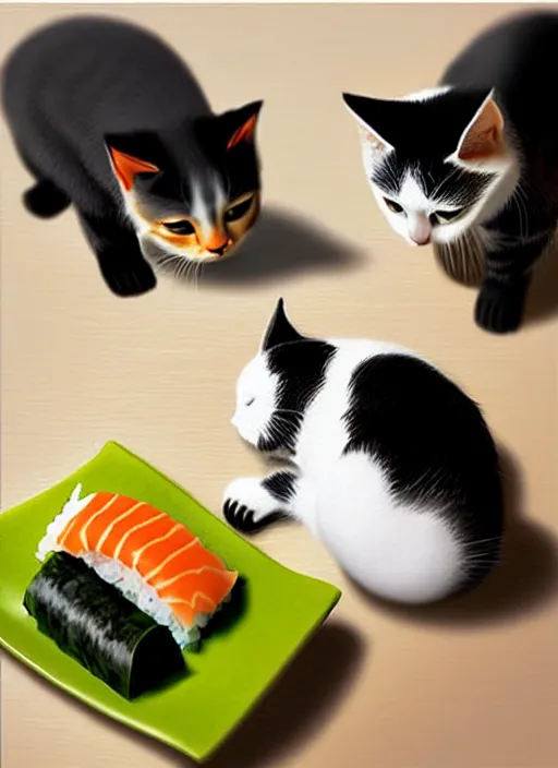 Image similar to clear photorealistic picture of adorable cats made out of sushi