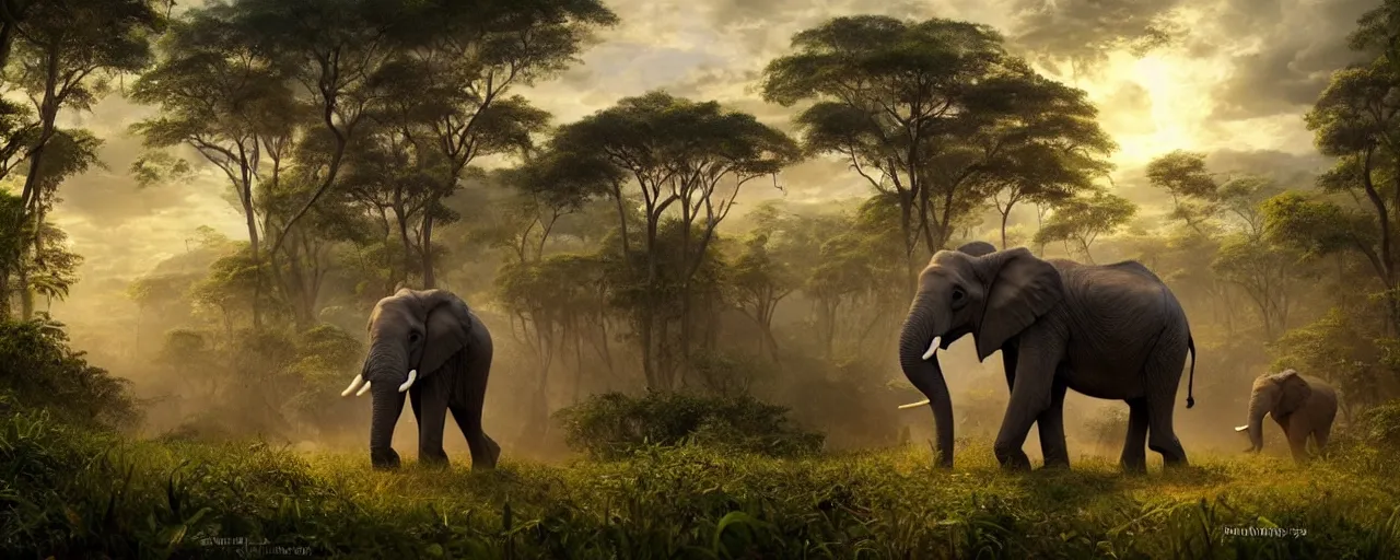 Prompt: baby African elephant standing up in the jungle, beautiful dynamic lighting, cinematic, wide angle establishing shot, extremely high detail, photo realistic, cinematic lighting, post processed, concept art, artstation, matte painting, style by frederic church, raphael lacoste, unreal engine 8k