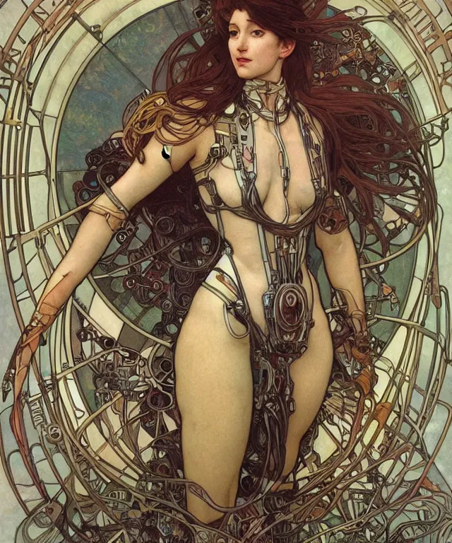 Prompt: realistic detailed portrait of a humanoid mecha cyberpunk! goddess by Alphonse Mucha and Charlie Bowater and art germ, rule of thirds, golden ratio, Art Nouveau! cyberpunk! style, mechanical accents!, mecha plate armor, flowing wires with leaves, art nouveau accents, art nouveau patterns and geometry, rich deep moody colors, portrait style with the subject in the middle of the frame