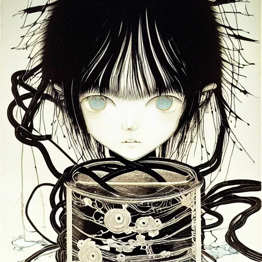 Image similar to prompt: Black and white Fragile looking vessel portrait face drawn by Katsuhiro Otomo, nymph in the water performing alchemy, small flowers and cables and wire around and on the side with artifacts, intricate oil painting, soft light, intricate detail, intricate oil painting detail, sharp high detail, manga and anime 2000