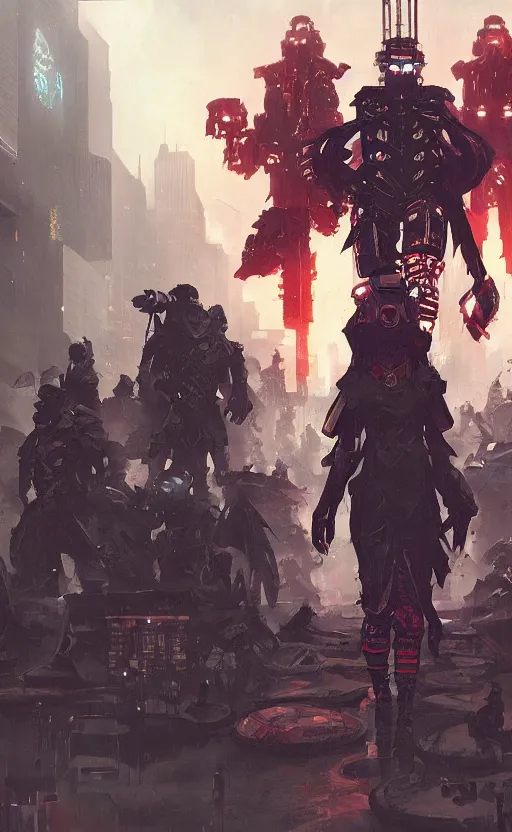 Prompt: cyberpunk samurai crowd, crowd, raven, cyber mech, machenic, arcane, by fortiche, by greg rutkowski, esuthio, craig mullins, wlop