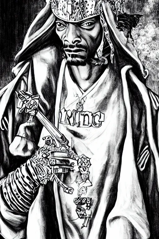 Image similar to Snoop Dogg as a knight, highly detailed, black and white, manga, art by Kentaro Miura