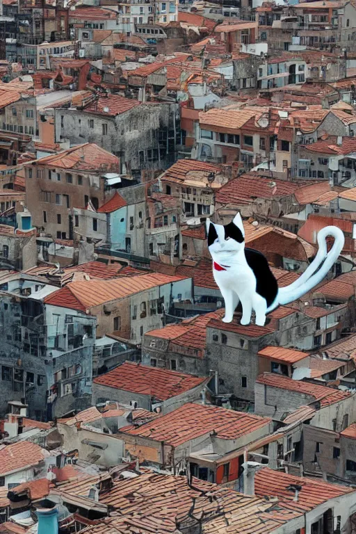 Image similar to a anthropomorphic cat in a cats city from the top of a roof