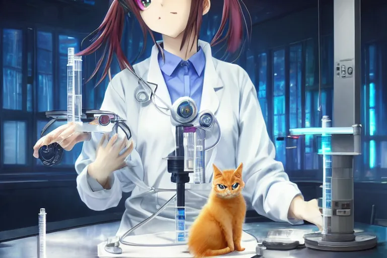 Prompt: anime neko woman scientis with cat ears wearing a lab coat looking at a measuring device on a table, highly detailed illustration, digital art, 4 k, by yoshitaka amano, by greg rutkowski, by dan mumford, beautiful face, warm lighting, atmoshpheric, trending on artstation, octane render