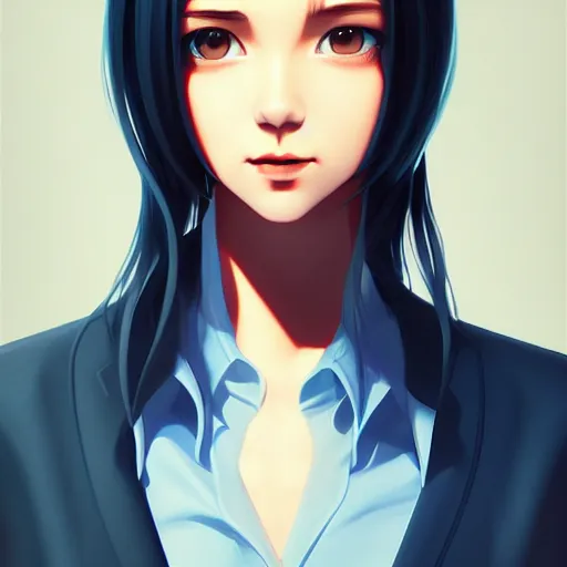 Image similar to urban high school girl in shirt fanart, dark blue long hair, muted colors, matte print, pastel colors, ornate, digital art, digital painting, fan art, elegant, artstation, by Ilya Kuvshinov