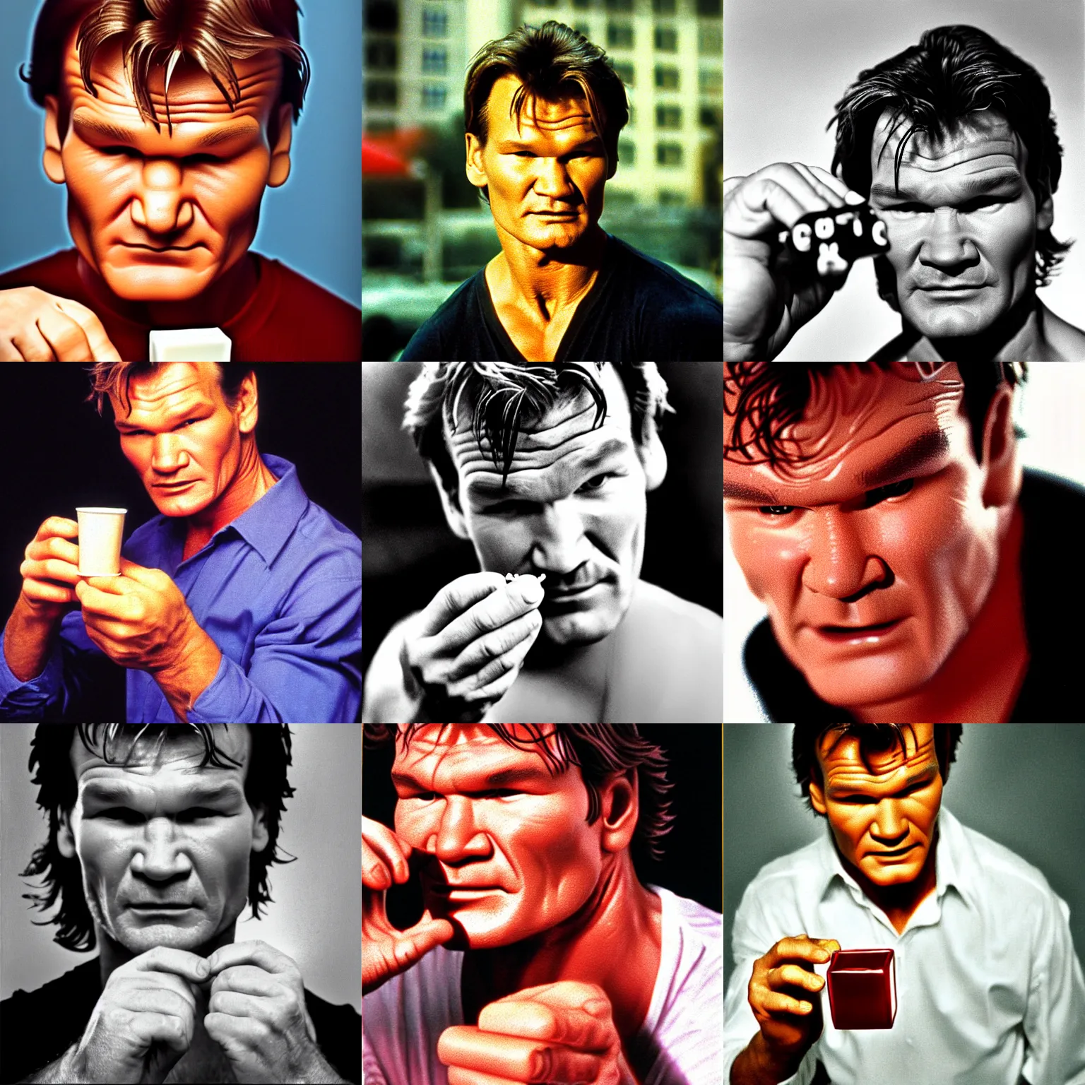 Prompt: patrick swayze eating cola cubes, highly detailed, sharp focus, photograph,