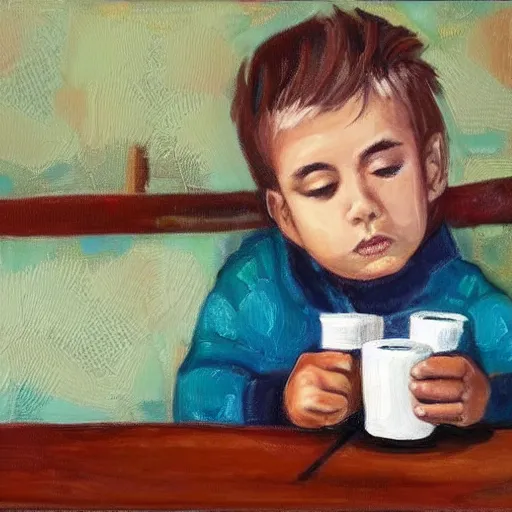 Image similar to ! little boy drinking hot chocolate and looking at a wallet near him on the table. painting.