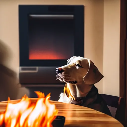 Prompt: a photograph of an humanlike relaxed dog in his house, sitting at a table, ☕ on the table, room is on fire, surrounded by flames, a lot of flames, smoke under the ceiling