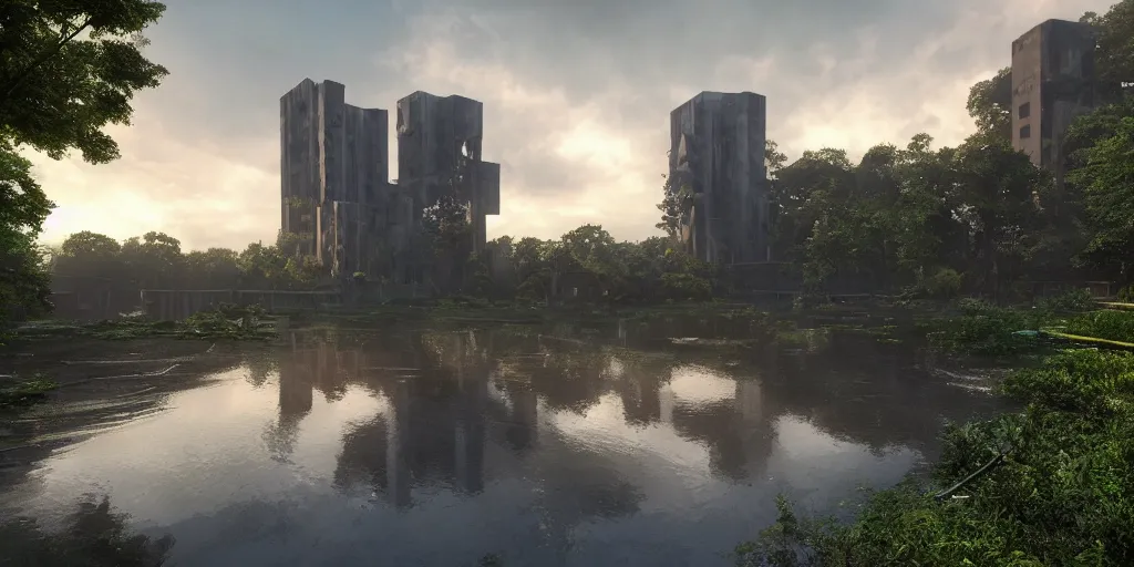 Image similar to an extremely detailed cathedral of brutalist architecture, surrounded by lush green forest, ponds of water, stunning volumetric lighting, sunset, rusted steel, smooth concrete, stunning skies, trending on Artstation, 8k, photorealistic, hyper detailed, unreal engine 5, IMAX quality, cinematic, epic lighting, in the style of Greg Rutkowski