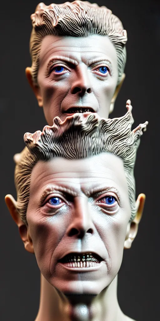 Image similar to David Bowie , A Close up photo-real delicate ceramic porcelain sculpture of a symmetrical ornate detailed in front of an intricate background by Victo Ngai and takato yamamoto, micro detail, backlit lighting, face in focus, subsurface scattering, translucent, thin porcelain, octane renderer, colorful, physically based rendering, japanese pottery, trending on cgsociety