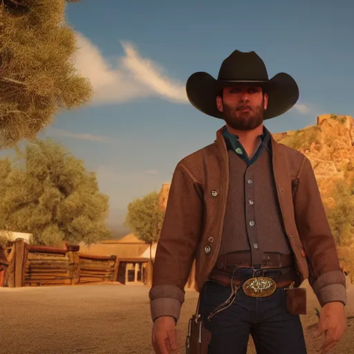 Image similar to A cowboy mid-teleport in an old west town. Long shot, 4k ultra-realistic, warm lighting