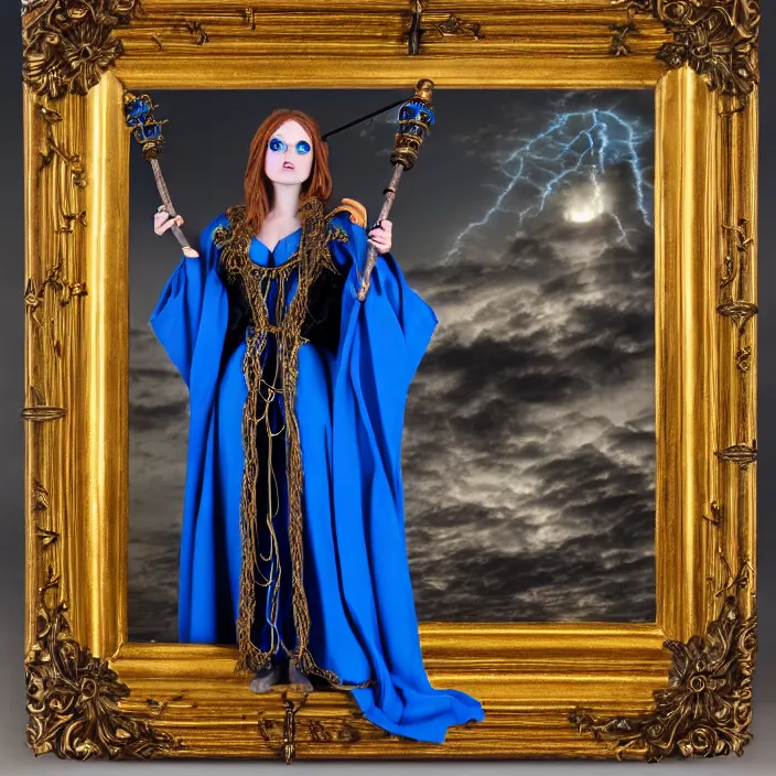 Prompt: photograph of a real-life beautiful electric witch with ornate blue robes and staff. Extremely detailed. 8k