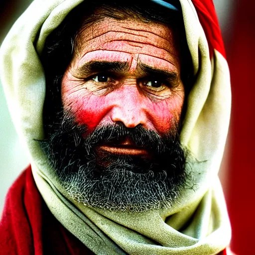 Image similar to portrait of president george w. bush as afghan man, green eyes and red scarf looking intently, photograph by steve mccurry