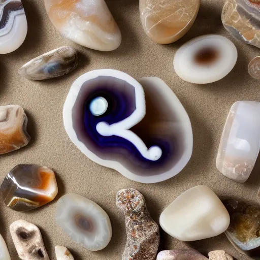 Image similar to a studio portrait of beach agate with the letter r in the banding white background