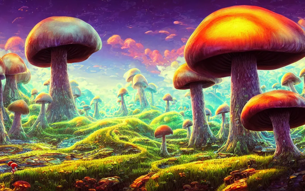 Image similar to the mushroom world is my home. virtual mushroom landscapes is like a spiritual journey through a mushroom forest. by dan mumford, yusuke murata, makoto shinkai, ross tran, cosmic, heavenly, god rays, intricate detail, cinematic, cel shaded, unreal engine, featured on artstation, pixiv