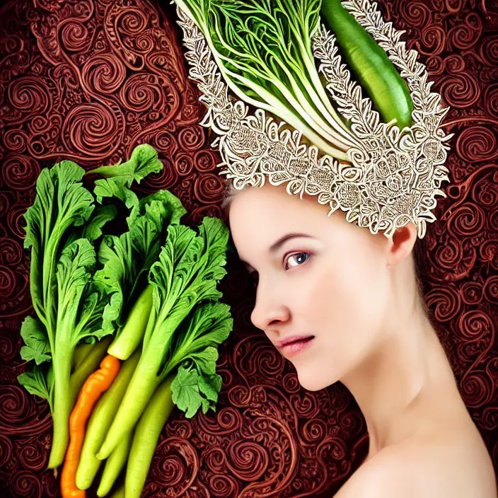 Image similar to Portrait of a beautiful woman like a queen-vegetables-angel, dressed in long elegant intricate ornamental vegetables white dress, natural skin tone, intricate fractal highly detailed vegetables ornament in the upper side of breast, bust with a very long neck , elegant, highly detailed intricate vegetables ornament in her long hair, Realistic, Refined, Highly Detailed, Cinematic pastel Lighting, fine art photography by Flora Borsi, volumetric lighting, hyper realistic photography, 8k