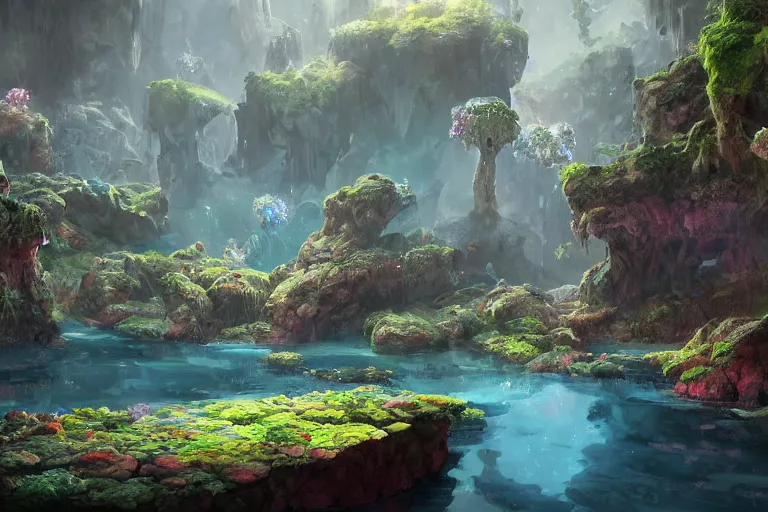 Image similar to beautiful stunning painting of a deep mysterious rocky varied cave landscape filled with large magic glowing clear crystals and filled with some ((plants)) and a small reflective pond, fantasy, digital art, realism, unreal engine, sharp, detailed, trending on artstation