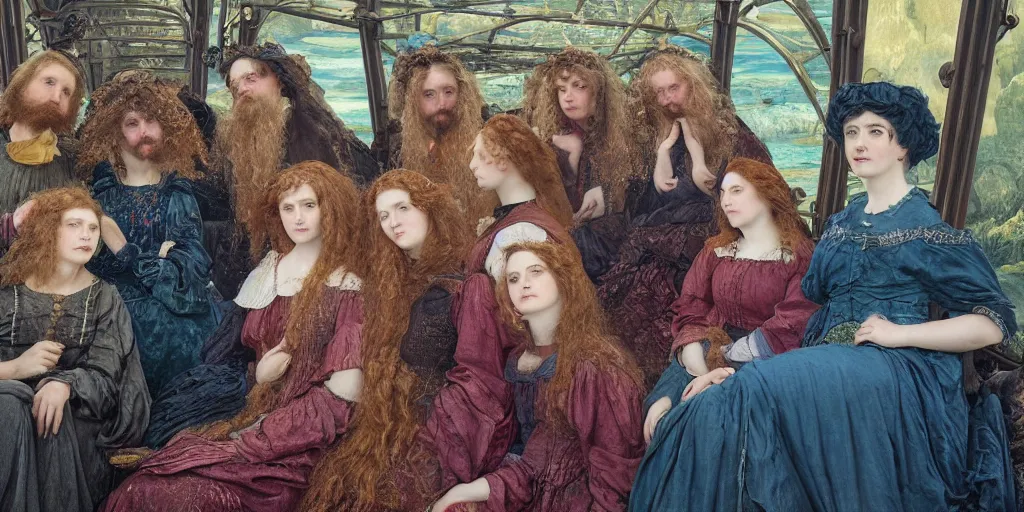 Image similar to detailed colour preraphaelite photograph group portrait of amazingly characterful people sat down extreme closeup, in the inside of the beautiful underwater train to atlantis, crowds of people sat down wearing weird clothes, 4 k