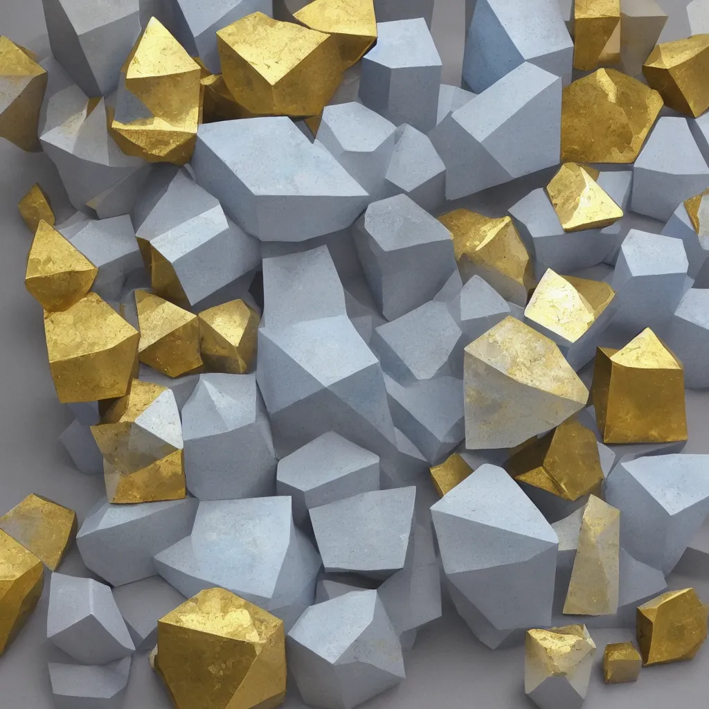 Prompt: 3 dimensional solid large globular geometric 3 d shapes made of solid impasto oil paint, with strong top right lighting creating shadows, each shape has a covering of sparkling golden pyrites cubes, colours cream and blue - grey